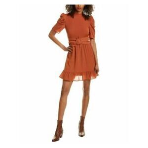 LEYDEN Womens Orange Repp Stripe Pouf Short Fit + Flare Dress S